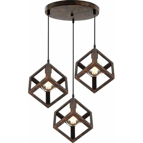 3 Lumières Suspension Luminaire Industrielle Lustre Plafonniers Design Géométrique Métal Suspension E27 Lampe en Forme de Cube Suspension pour Salon Maison - 16CM, Rouille BLOW (1/4)