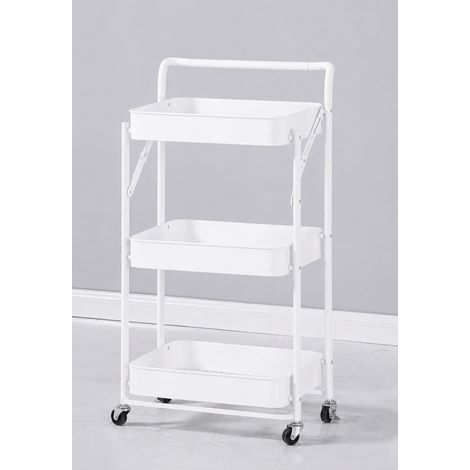 Desserte à roulettes pliante blanche Chariot de cuisine roulant et pliable 3 niveaux de rangement H 90 cm x L 40 cm x P 30 cm - Livraison gratuite