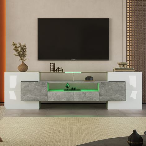 Meuble TV Grand Format 200 cm Blanc Laqué et Noir avec Plateau Verre, Éclairage LED Multicolore App, 6 Portes, 2 Tiroirs, Console TV pour Salon Design Contemporain - Blanc+Gris (1/5)