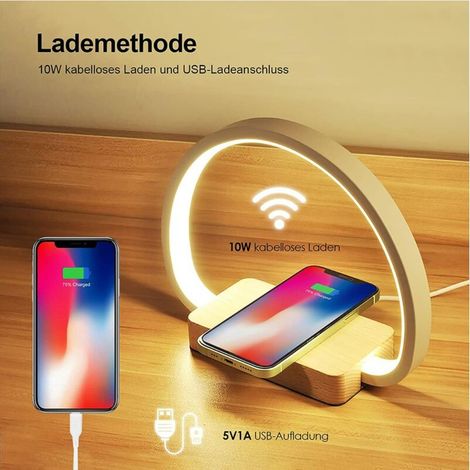 MOONSTARS Lampe de chevet avec chargeur sans fil 10 W et recharge USB, veilleuse tactile à intensité variable en bois avec 3 niveaux de luminosité pour chambre à coucher, bureau, bureau (1/4)