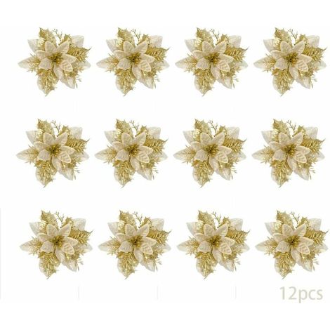 12 Stück Weihnachtssimulationsblume, Weihnachtsstern, Weihnachtsblume, Weihnachtsblume, Weihnachtsbaumdekoration, künstliche Weihnachtsblumen (Gold) (1/5)