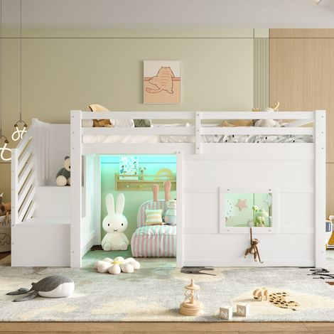 Lit mezzanine en bois blanc 90x200 cm avec escalier de rangement, fenêtre et LED, sommier à lattes inclus