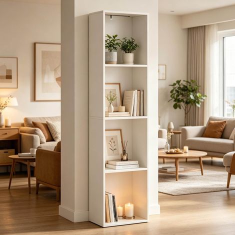 Meuble de rangement vertical à 4 compartiments avec éclairage RGB, blanc OKMYHOME (1/5)