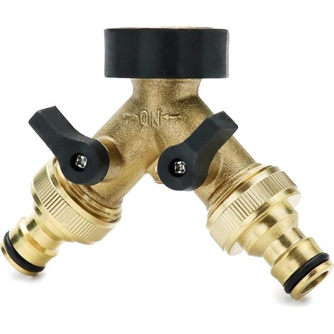 2-Wege-Wasserhahnverteiler, 3/4"-Messing-Y-Verteiler mit Absperrventilen auf beiden Seiten und zwei Schnellkupplungen (1/5)