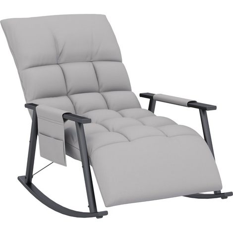 Fauteuil basculant gris en microfibre avec dossier et repose-pieds réglables, cadre métallique et pochette latérale pratique (1/5)