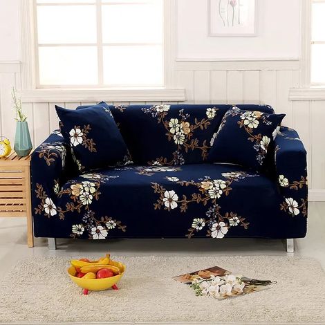 Housse de Canapé Extensible 2 Place Couverture Canapé avec Accoudoirs, fleurs, bleu marine[SFT79] (1/4)