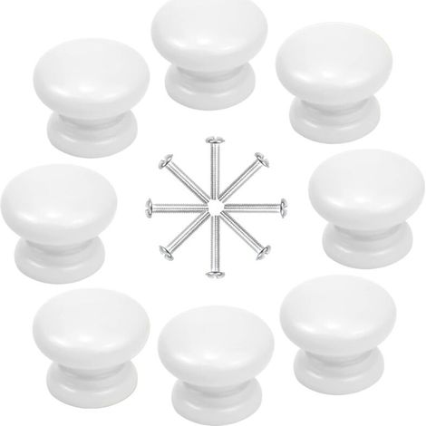 8 Boutons Meuble Blancs 33 mm en Bois Ronds pour Armoire Tiroir Placard avec Vis (1/4)