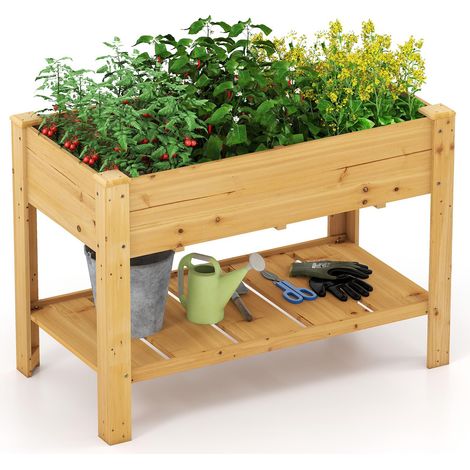 Fioriera rialzata in legno con foro di drenaggio, letto da giardino con gambe e ripiano, contenitore per piante e ortaggi (naturale) (1/5)