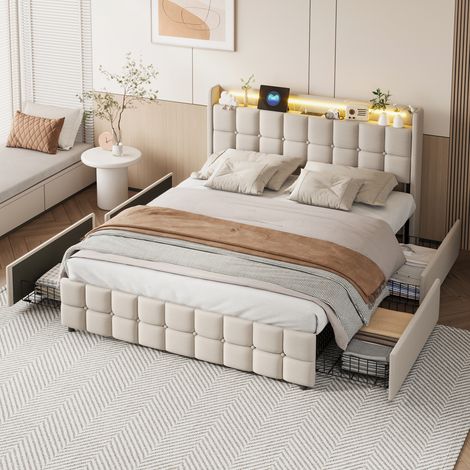 Letto 180 x 200 cm, letto per adulti 180x200 con 4 cassetti, con porta USB e LED, letto imbottito, con testiera, struttura letto, biancheria, beige (1/5)