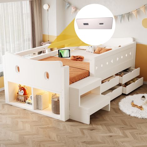 Lit enfant 90 × 200 cm avec tête de lit originale, équipé de rangements, de tiroirs et de barrières de sécurité, avec éclairage LED et ports de chargement USB et Type-C, lit simple, blanc (1/5)