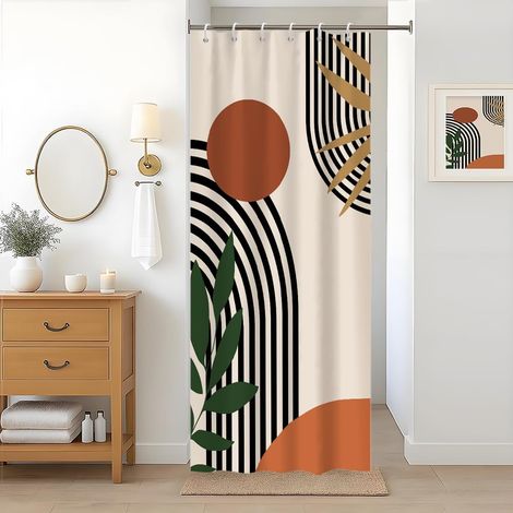 Cortina de ducha antimoho, color terracota, 90 x 180 cm, estrecha, de tela lavable — Pequeña cortina de baño impermeable con estampado abstracto de estilo bohemio en color naranja. (1/5)
