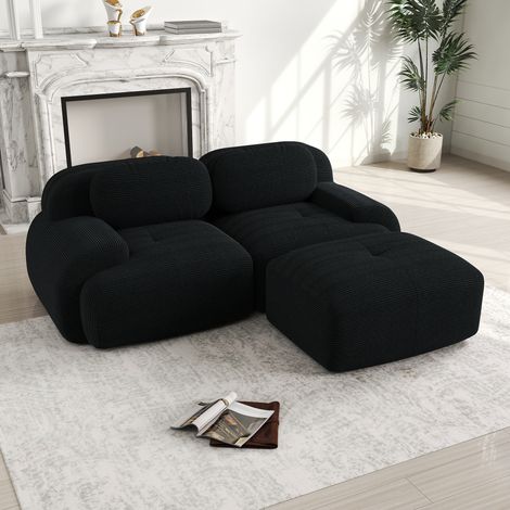 Divano angolare a 2 posti Neche da 208 cm in velluto a coste nero - Modulare, comfort altamente elastico, braccioli curvi, base antiscivolo