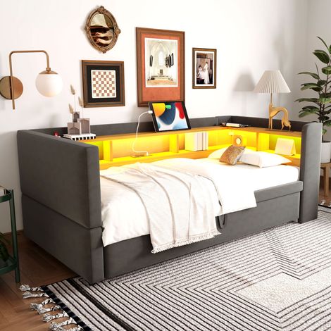 Lit banquette moderne 90/180x190 cm avec LED, prises et rangements, tissu flanelle gris foncé (1/5)