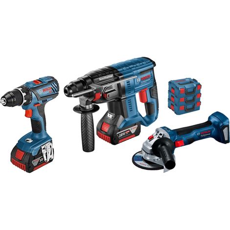 Pack de 3 outils 18V (GSR28/GBH21/GWS7) + 2 batteries 4Ah + chargeur en coffret L-BOXX - BOSCH
