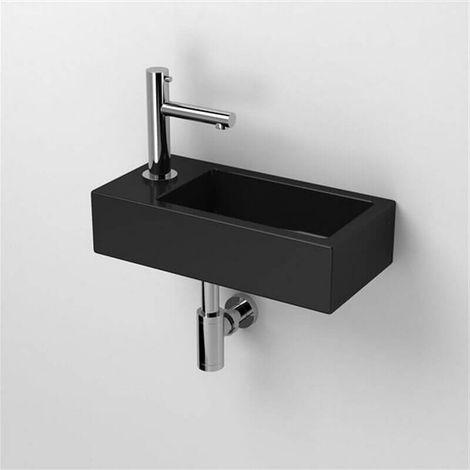 Rue Du Bain – Lave main rectangulaire à poser céramique noire 45x25 cm – Plage de robinetterie percée à gauche – Vasque sans trop plein – Pour petits espaces (1/2)