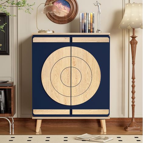 Schuhschrank aus Spanplatte blau/natur 76 x 37 x 98,5 cm mit geometrischen Türen und mehreren Ebenen (1/5)