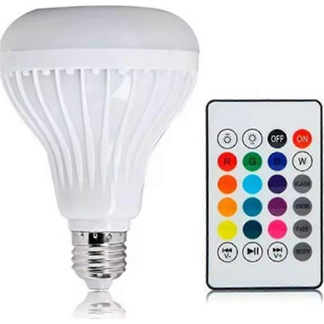 E27 Smart RGB LED-Lampe mit Bluetooth-Funkverbindung, eingebautem Lautsprecher, einstellbarer Helligkeit und Fernbedienung. (1/5)