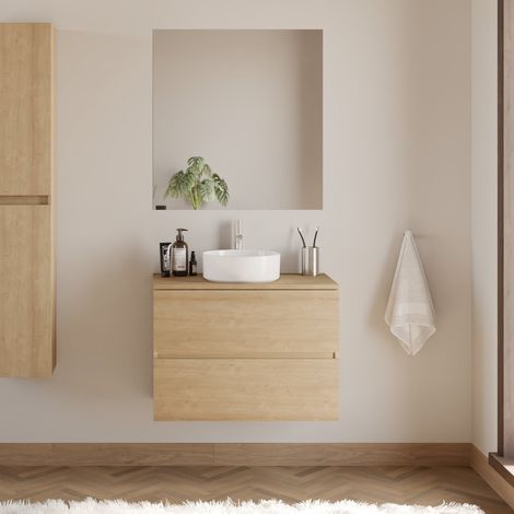 Meuble de salle de bain 60cm avec plateau et vasque à poser ronde - 2 tiroirs - nebraska (chêne clair) - IDA (1/5)