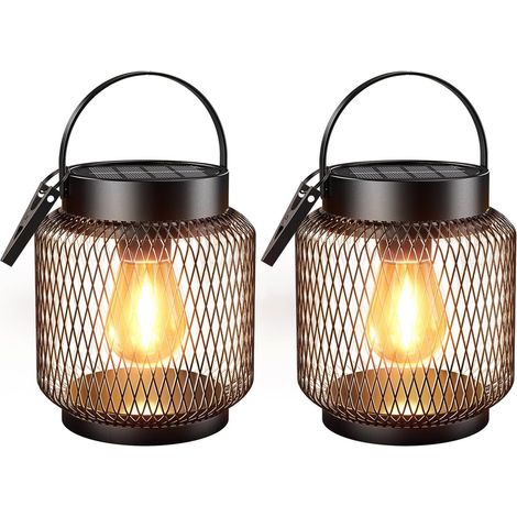 Lot de 2 lanternes solaires d'extérieur à suspendre/à poser - En métal - Avec grande ampoule LED - Étanche IP65 - Pour jardin, balcon, extérieur, terrasse - Blanc chaud (1/5)
