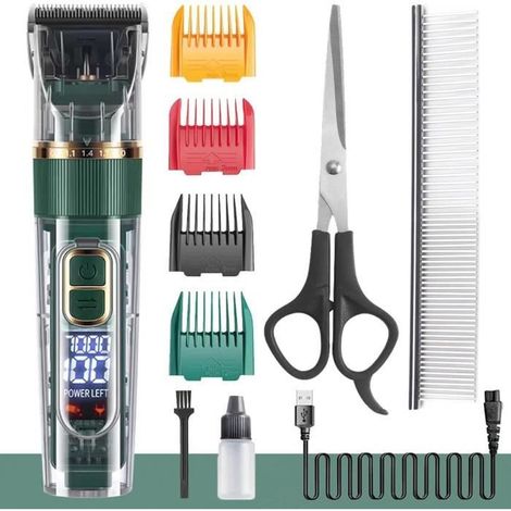 Tondeuse Professionnelle pour Chiens Poils Longs Epais à Faible Bruit IPX7 Étanche Kit de Toilettage Animaux de Compagnie, Vert (1/4)