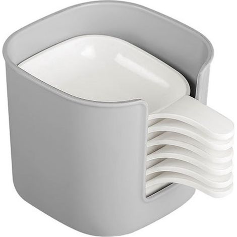 1 ensemble de soucoupes avec support : 6 soucoupes blanches + support gris, 12,5 x 9,2 x 8 cm. Empilables et peu encombrants, ils sont parfaits pour les sauces, les herbes, les confitures et les amuse (1/5)