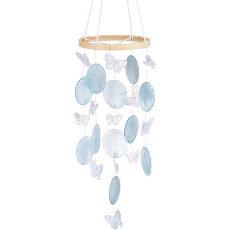 Carillon de vent coquillages bleus avec détails papillons et bague en bambou – Sons doux et étincelants, décoration intérieure aérée (1/5)