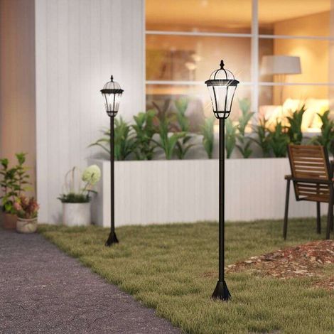2 lampadaires sur pied solaires d'extérieur jardin avec 2 lampes LED blanc 6000K IP44 Ø18,5 x 129H cm noir (1/5)