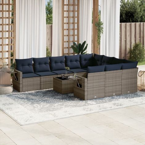 Salon de jardin modulable 11 pièces en résine tressée grise avec coussins bleu marine, 86.61kg - PANGIVO (1/5)