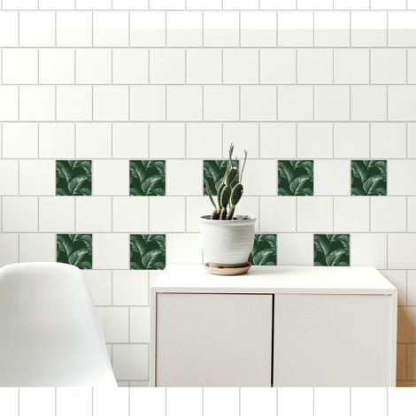 Sticker carrelage adhésif décoratif tropical, jungle, formes feuille de palmier, 10 cm X 10 cm, x9, crédence autocollant. (1/3)