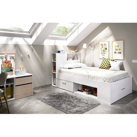 Dmora - Lit enfant Cristallo, Lit pour chambre avec tête de lit, Structure pour lit simple avec tiroir et étagères, 218x99h96 cm, Blanc, avec emballage renforcé (1/5)