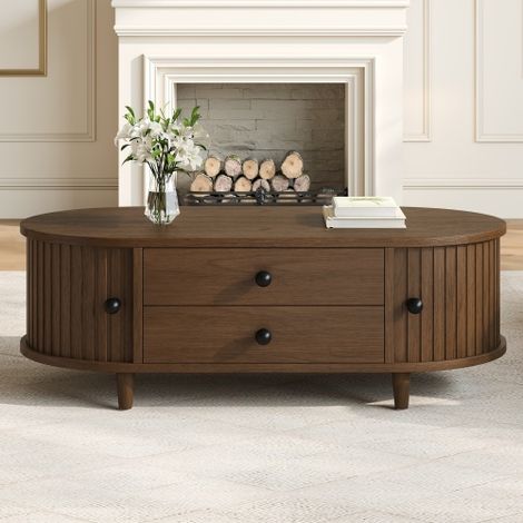 Tavolino rotondo con ante a rullo, tavolino in legno di noce con 2 cassetti, tavolino laterale, tavolino da soggiorno in MDF, tavolino da divano con gambe in legno massello, 100×50×36 cm, portata mass (1/5)