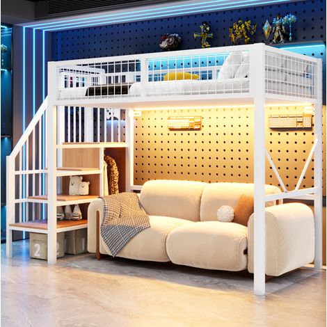 Cama alta 90x200 cm de metal blanca, con almacenaje y LED para dormitorio, sin colchón FloraGrace (1/5)