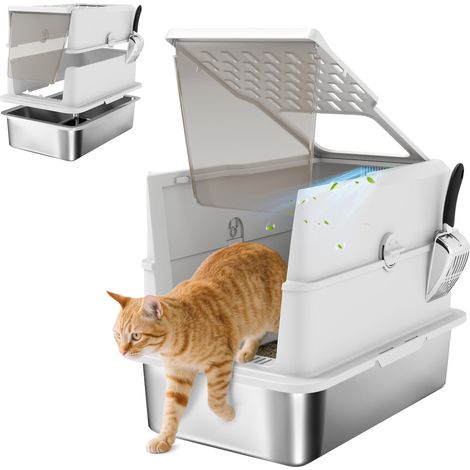 Bac à litière pour chat fermé, maison de toilette pour chat en acier inoxydable, 60.2 x 40.2 x 43.7 cm, gris clair