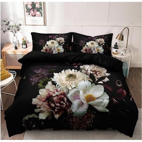 Housse de Couette 220x240 3D Fleurie Noire Blanc Parure de Lit en Microfibre Motif Fleurs Adulte 2 Taies d'oreiller 65x65cm - O8O (1/3)