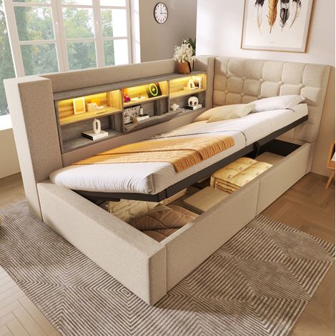 lit adulte rangement LED 90x200 tête modulable OKMYHOME (1/5)