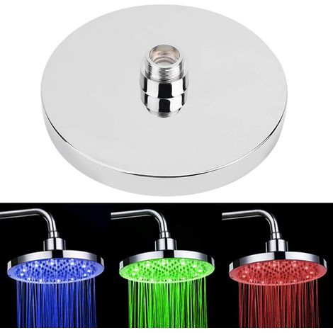 Soffione doccia a pioggia, rotondo da 20 cm (8 pollici), in acciaio inox, con illuminazione LED RGB per il bagno e getto superiore.