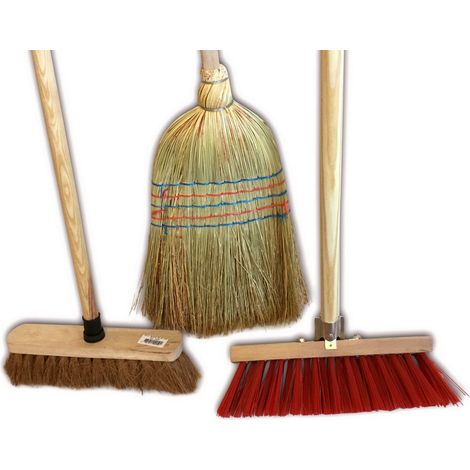 Lot de 3 ensembles de 3 balais d'extérieur Cantonnier brosse PVC 32 cm Fibres de coco naturel 29 cm Paille de riz 35 cm Manches bois Kibros 3LOTBx3