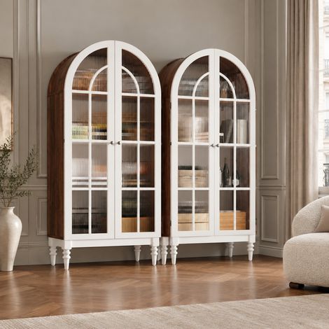 Vetrina 76x38,5x165 cm in MDF bianco e noce, 3 ripiani per sala da pranzo – MEUBLIV (1/5)