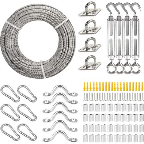 Cable Acier 5MM, 30M Cable Inox, Kit de tension M8, pour guide de lumière, rambarde de terrasse, voile d'ombrage (1/5)