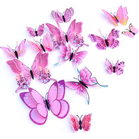 Autocollants muraux papillon 3D double épaisseur simulés PVC décor mur papillon avec aimants pour déco maison fête rose