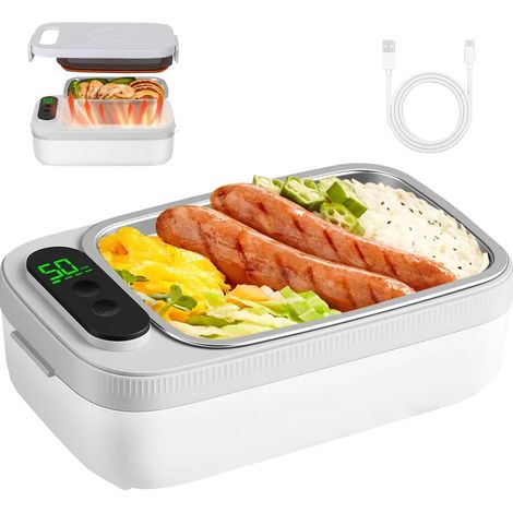 Boîte repas chauffante sans fil 1L, batterie intégrée 14000 mAh, chauffage automatique, alimentation USB, intérieur inox, sans couverts, pour adulte