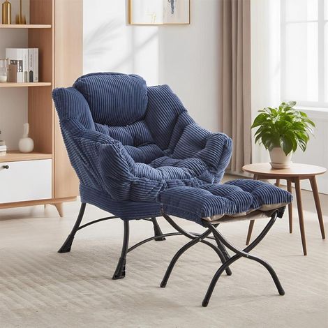 Ohrensessel mit Hocker, Relaxsessel mit Armlehnen, Lesesessel mit Fußstütze, Cord Navy Blau (1/5)