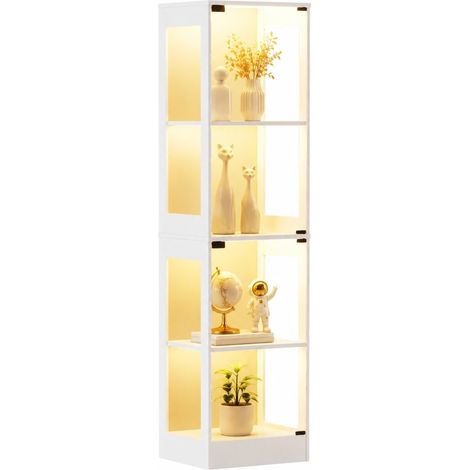 ELVMI Vitrina 4 Niveles, Puertas Acristaladas, LED 3 Colores, Sensor de Movimiento, MDF y Cristal, Blanco, 40x35x165 cm (1/5)