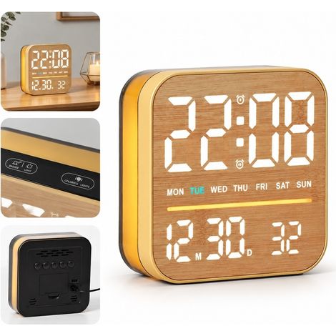 1 Piece Horloge LED Decor Maison Imitation Bois Multifonction 13,5 x 4 x 13,5 cm 0,28 kg en Plastique Jaune avec Calendrier Perpetuel et Reveil (1/5)