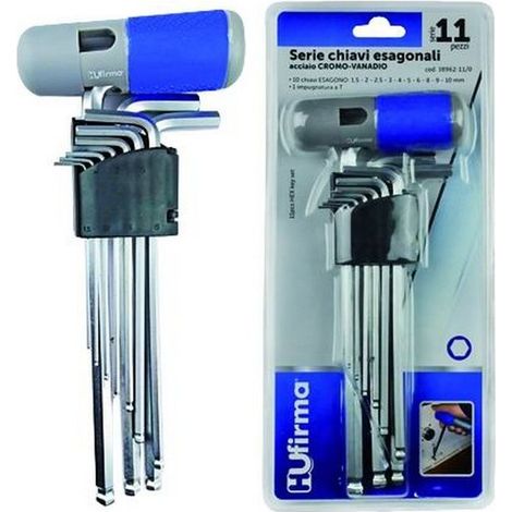 Hufirma 3896211 Serie Chiavi Esagonali Impugnatura a T 11 pezzi Acciaio Cromo Vanadio HRC48 52 1,5 2 2,5 3 4 5 6 8 9 10 mm