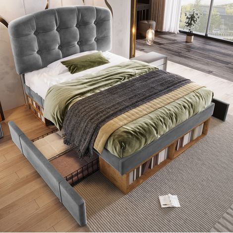 Lit adulte rangement 90x200 velours gris tête réglable HAVRYA (1/5)