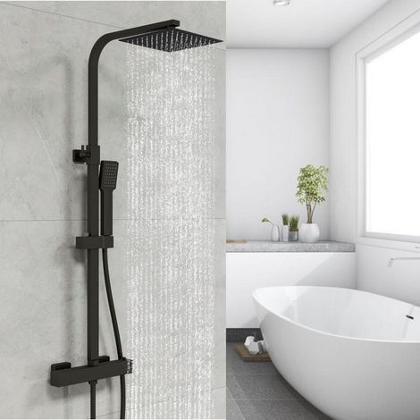 Biubiubath – Colonne de douche thermostatique en laiton – Système de douche carrée en acier inoxydable – Hauteur réglable 730-1150mm – Pommeau 200x200mm noir (1/5)