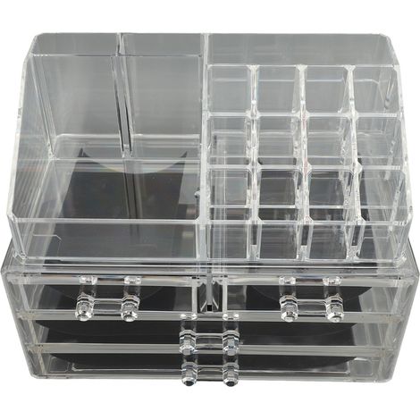 Organisateur de maquillage, présentoir cosmétique transparent avec porte-pinceaux, 4 tiroirs et 1 plateau pour rouge à lèvres et bijoux. (1/5)