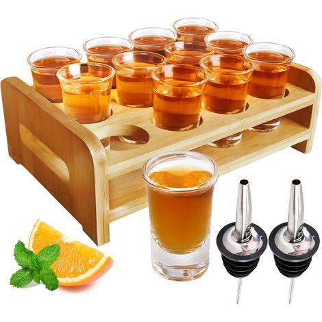 Lot de 12 verres à shot - Support de service - 30 ml - Base épaisse avec support de rangement pour tequila, fête, club, bar, maison, restaurant, cuisine, verrerie, spiritueux, cadeau de dégustation (1/5)
