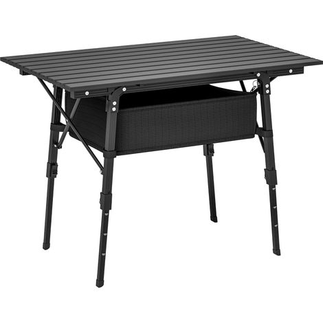 Table de camping avec panier de rangement, réglable en hauteur, pliable, en aluminium, noire idéal pour salon, chambre à coucher ou bureau facile à assembler avec instructions incluses